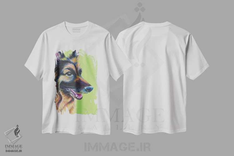 تیشرت سفید طرح دار ژرمن شپرد روی زمینه سبز لیمویی، مدیوم اثر کیرستین وود | immage.ir