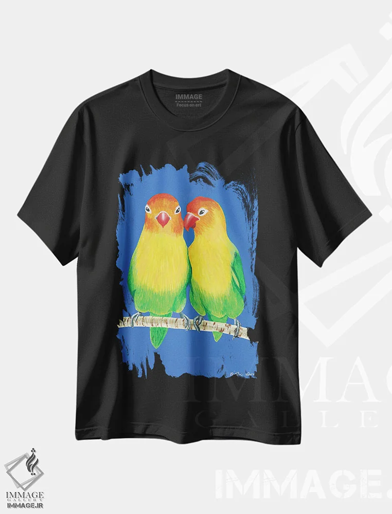 تیشرت مشکی طرح دار مرغ عشق های کوچک، تزئینی اثر کیرستین وود | فروشگاه ایماژ