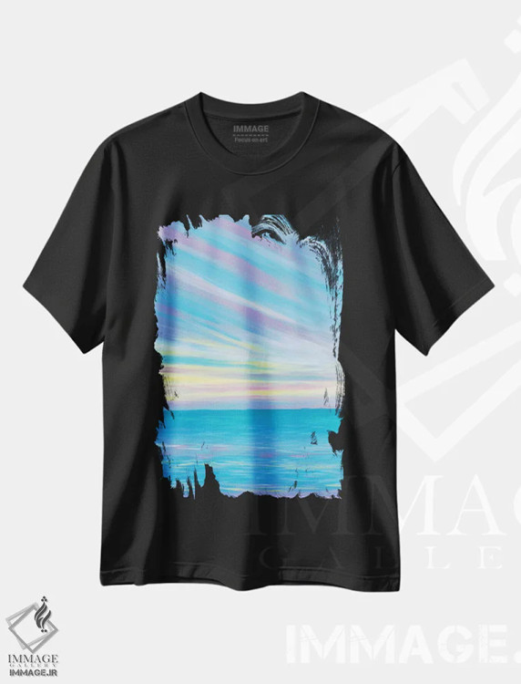 تیشرت مشکی طرح دار ساحل غروب، آبستره اثر کیرستین وود | فروشگاه ایماژ