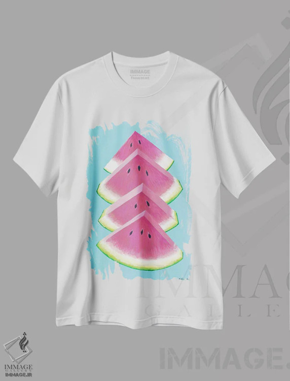 تیشرت سفید طرح دار قاچ های هندوانه، هنر فاخر معاصر اثر کیرستین وود | فروشگاه ایماژ