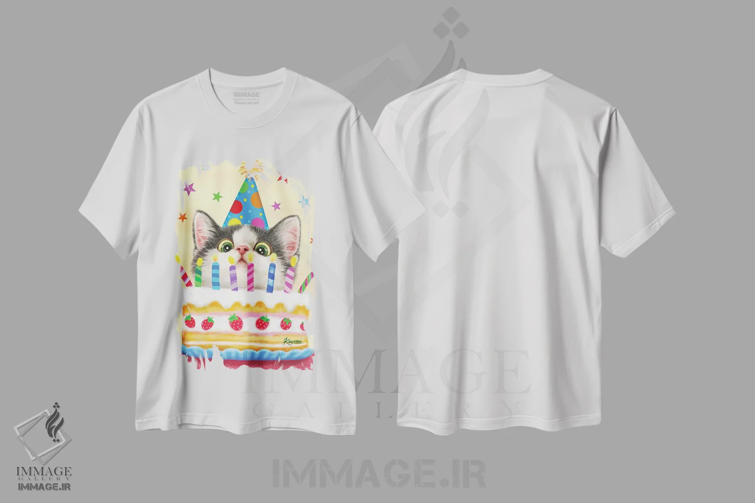 تیشرت سفید طرح دار کیک تولد، تزئینی اثر کایومی هارای | فروشگاه ایماژ