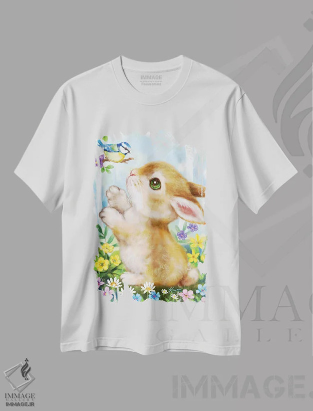 تیشرت سفید طرح دار خرگوش و پرنده، تزئینی اثر کایومی هارای | فروشگاه ایماژ