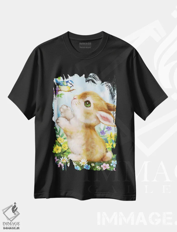 تیشرت مشکی طرح دار خرگوش و پرنده، تزئینی اثر کایومی هارای | immage.ir