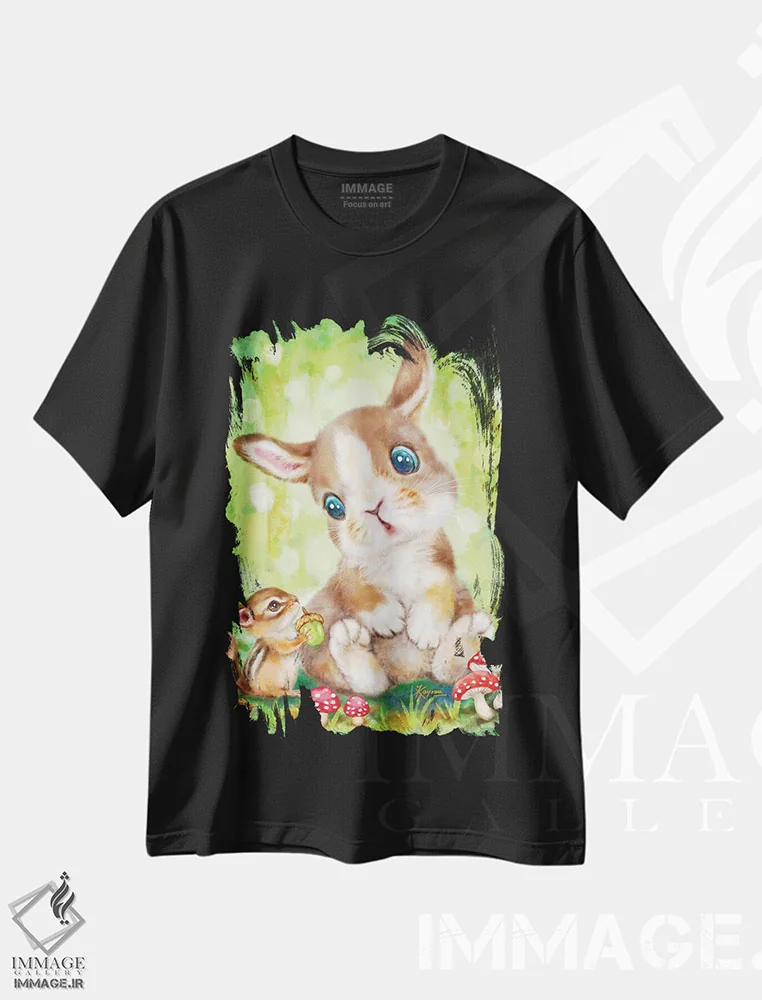 تیشرت مشکی طرح دار خرگوش و سنجاب، تزئینی اثر کایومی هارای | فروشگاه ایماژ