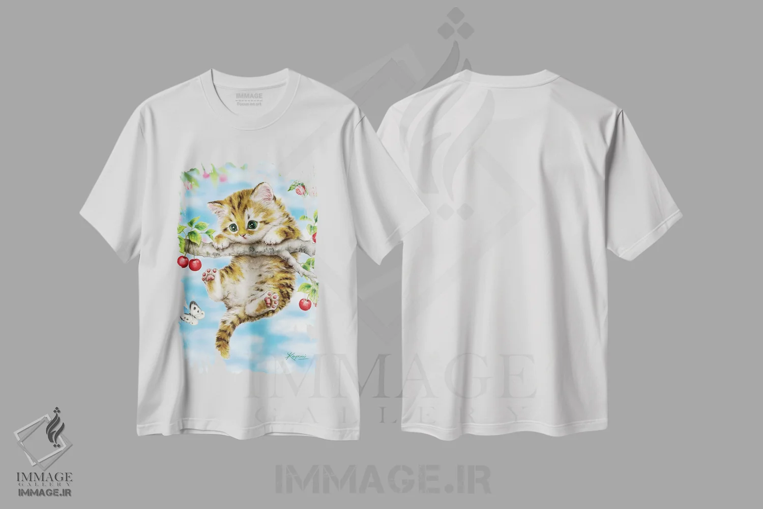 تیشرت سفید طرح دار بچه گربه گیلاسی، تزئینی اثر کایومی هارای | immage.ir