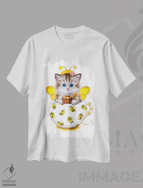 تیشرت سفید طرح دار گربه فنجانی زنبوری، تزئینی اثر کایومی هارای | فروشگاه ایماژ