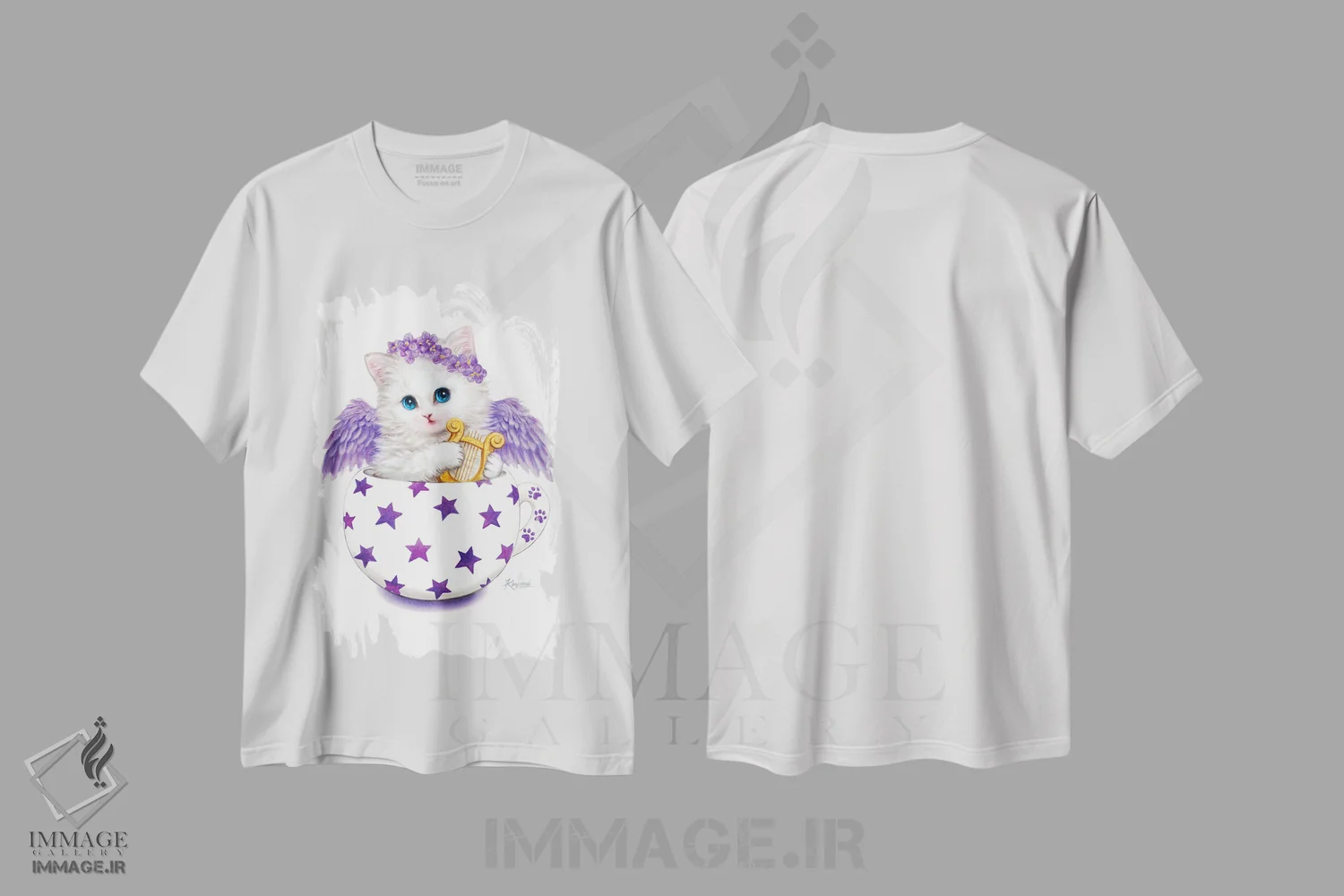 تیشرت سفید طرح دار گربه فنجانی فرشته، تزئینی اثر کایومی هارای | immage.ir