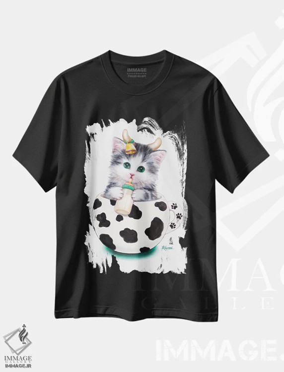 تیشرت مشکی طرح دار گربه فنجانی گاوی، تزئینی اثر کایومی هارای | فروشگاه ایماژ