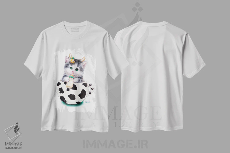 تیشرت سفید طرح دار گربه فنجانی گاوی، تزئینی اثر کایومی هارای | immage.ir
