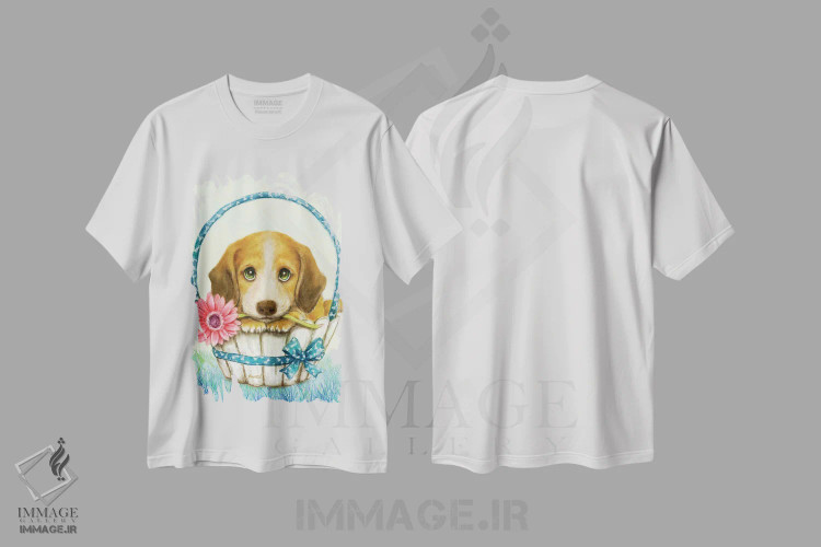 تیشرت سفید طرح دار سبد سگ داشهوند، تزئینی اثر کایومی هارای | فروشگاه ایماژ