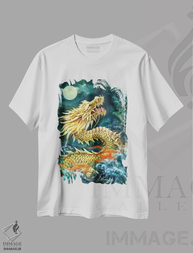 تیشرت سفید طرح دار اژدها، دکور آسیایی اثر کایومی هارای | فروشگاه ایماژ