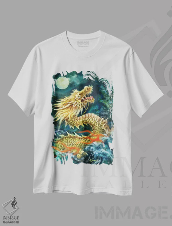 تیشرت سفید طرح دار اژدها، دکور آسیایی اثر کایومی هارای | فروشگاه ایماژ