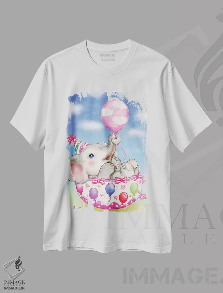 تیشرت سفید طرح دار بادکنک فیل، تزئینی اثر کایومی هارای | فروشگاه ایماژ