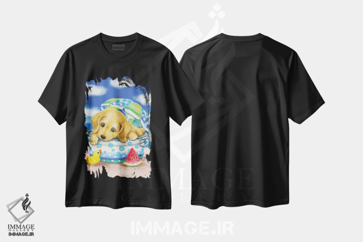 تیشرت مشکی طرح دار سطل سگ داشهوند، دکور ساحلی اثر کایومی هارای | فروشگاه ایماژ