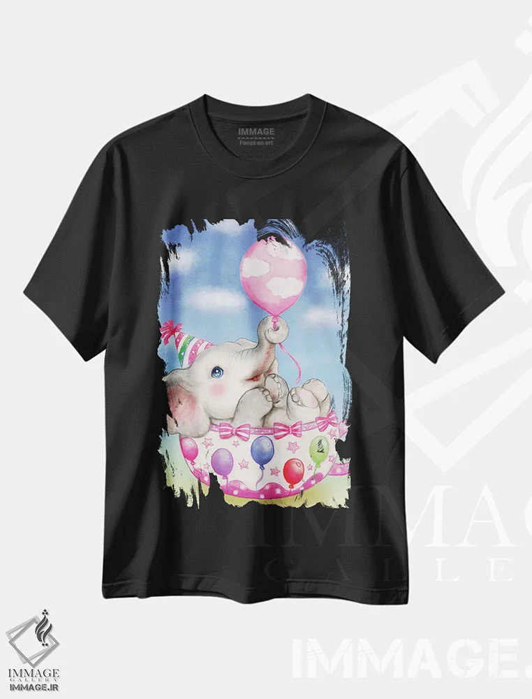 تیشرت مشکی طرح دار بادکنک فیل، تزئینی اثر کایومی هارای | immage.ir