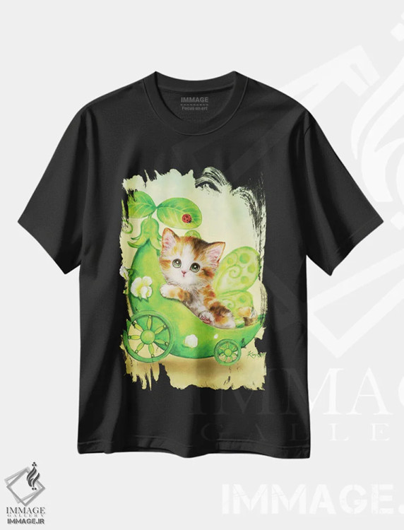 تیشرت مشکی طرح دار بچه گربه پری نخودی، تزئینی اثر کایومی هارای | فروشگاه ایماژ