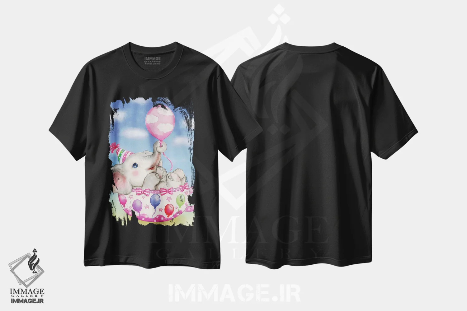 تیشرت مشکی طرح دار بادکنک فیل، تزئینی اثر کایومی هارای | immage.ir