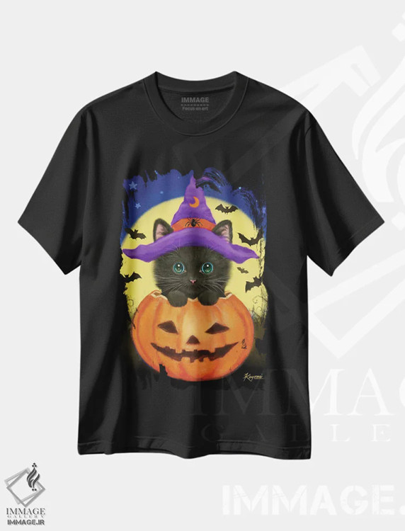 تیشرت مشکی طرح دار گربه ی هالووین، تزئینی اثر کایومی هارای | فروشگاه ایماژ