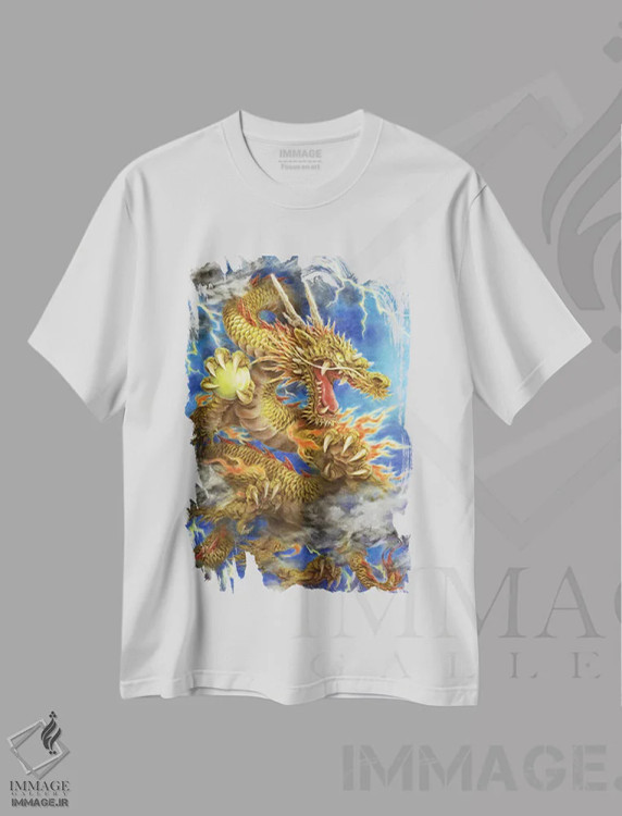 تیشرت سفید طرح دار اژدهای طلایی ۲۰۱۲، دکور آسیایی اثر کایومی هارای | فروشگاه ایماژ