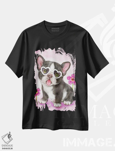 تیشرت مشکی طرح دار توله سگ بولداگ فرانسوی، تزئینی اثر کایومی هارای | فروشگاه ایماژ
