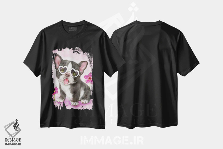 تیشرت مشکی طرح دار توله سگ بولداگ فرانسوی، تزئینی اثر کایومی هارای | فروشگاه ایماژ