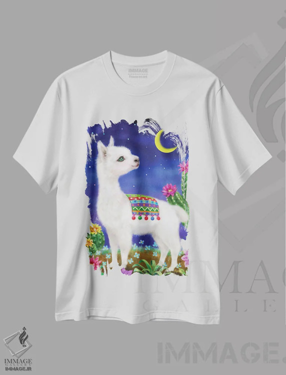 تیشرت سفید طرح دار لاما در نور ماه، تزئینی اثر کایومی هارای | فروشگاه ایماژ