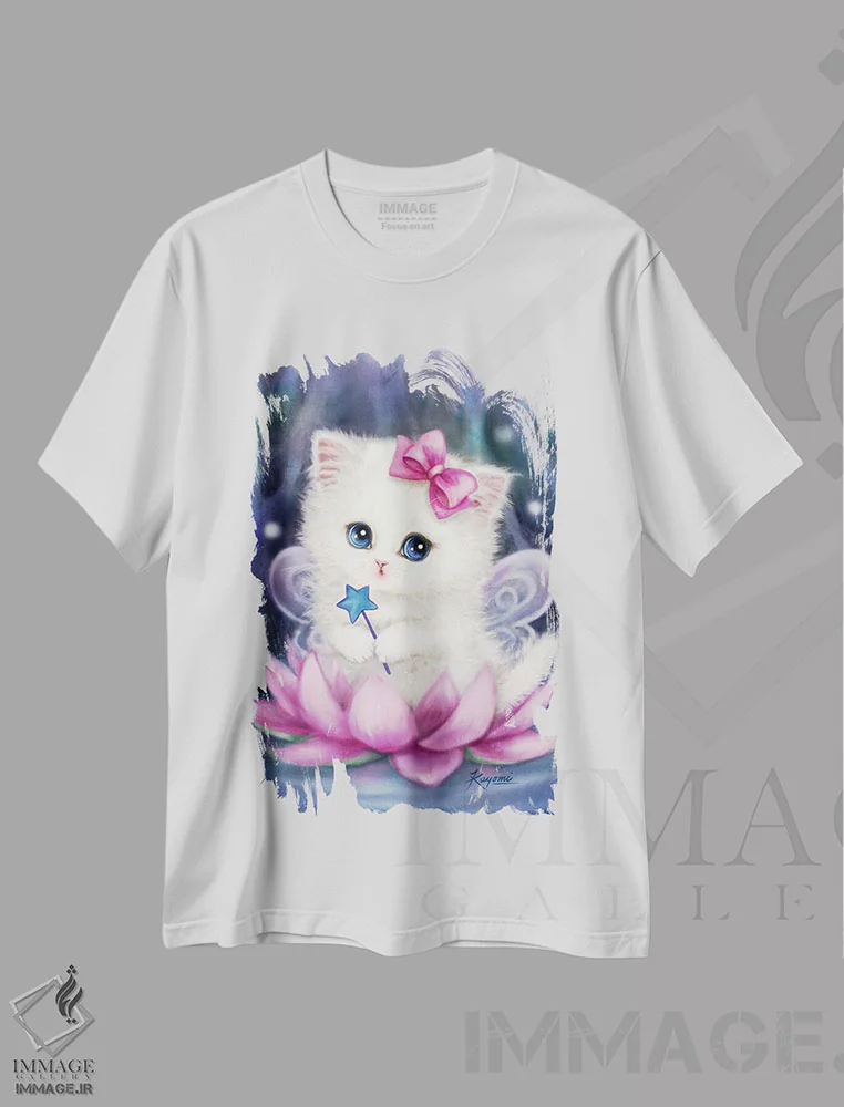 تیشرت سفید طرح دار پری نیلوفر آبی، تزئینی اثر کایومی هارای | immage.ir