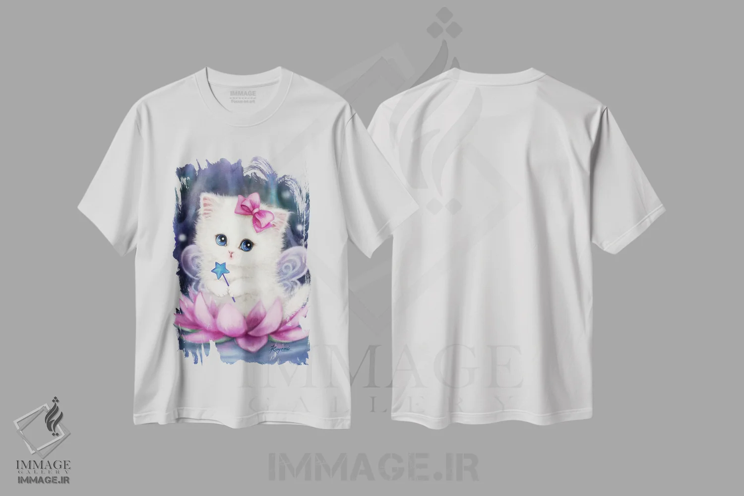 تیشرت سفید طرح دار پری نیلوفر آبی، تزئینی اثر کایومی هارای | immage.ir
