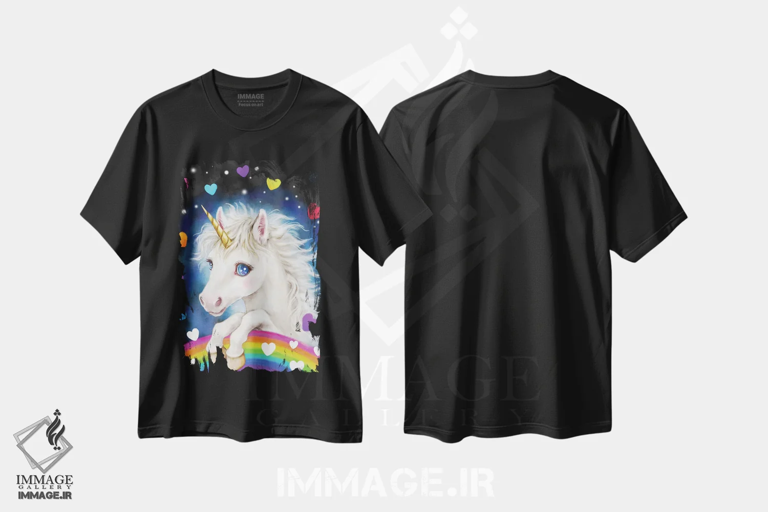 تیشرت مشکی طرح دار اسب تک شاخ دوست داشتنی، تزئینی اثر کایومی هارای | immage.ir