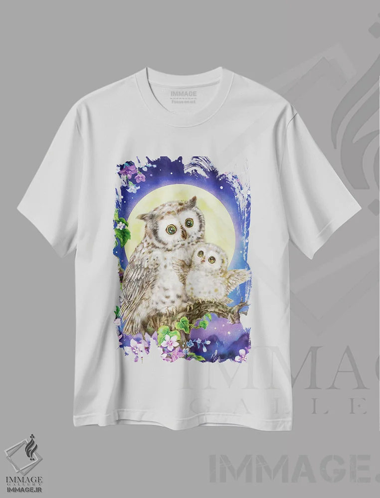 تیشرت سفید طرح دار جغدهای مهتابی، تزئینی اثر کایومی هارای | immage.ir