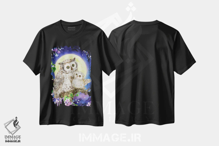 تیشرت مشکی طرح دار جغدهای مهتابی، تزئینی اثر کایومی هارای | فروشگاه ایماژ