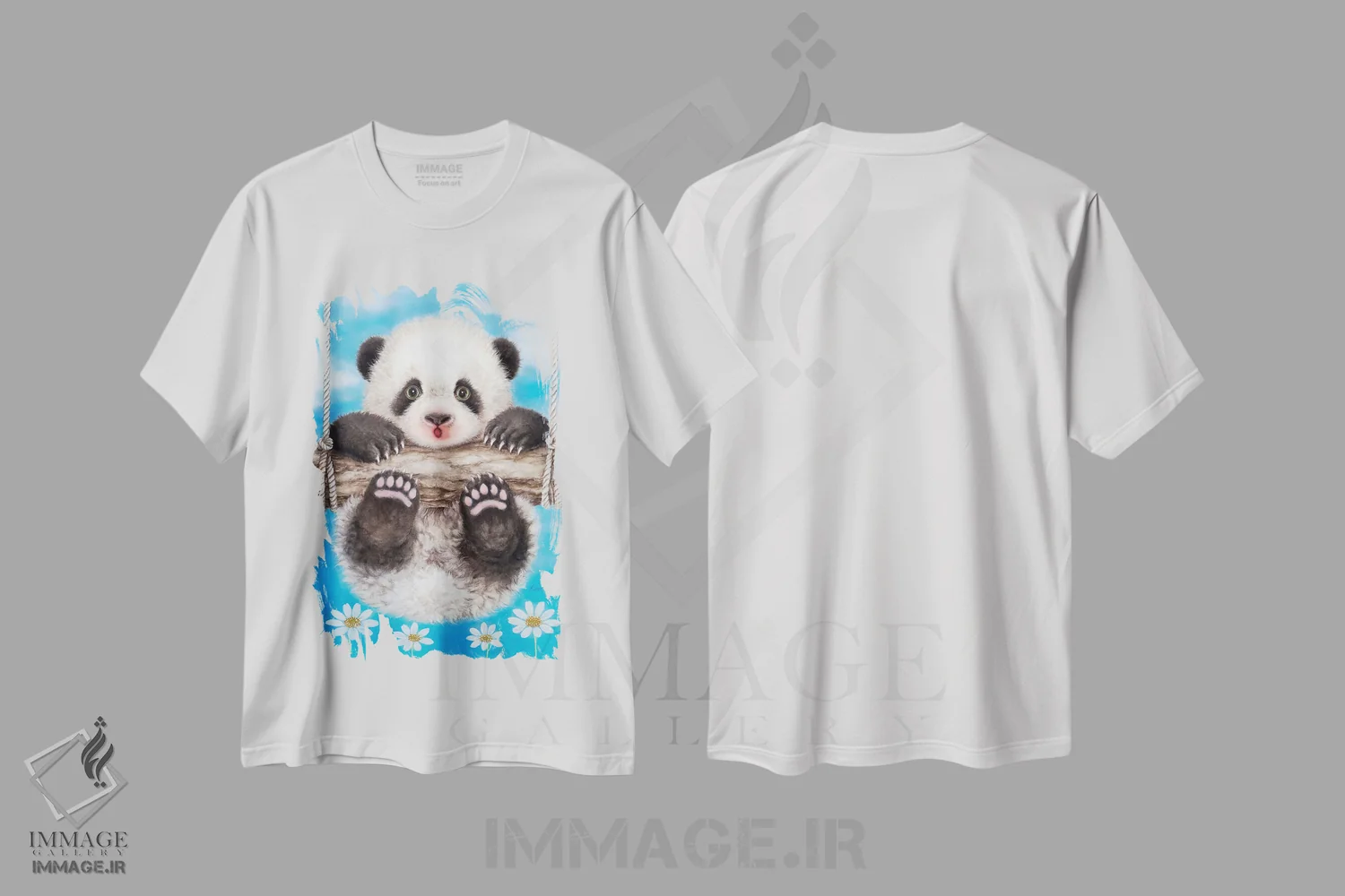 تیشرت سفید طرح دار پاندا روی تاب، تزئینی اثر کایومی هارای | فروشگاه ایماژ