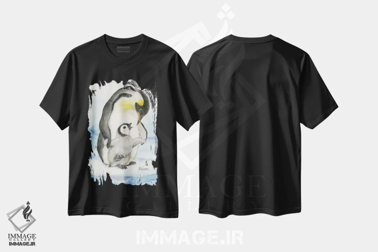 تیشرت مشکی طرح دار پنگوئن های دست در دست، تزئینی اثر کایومی هارای | فروشگاه ایماژ