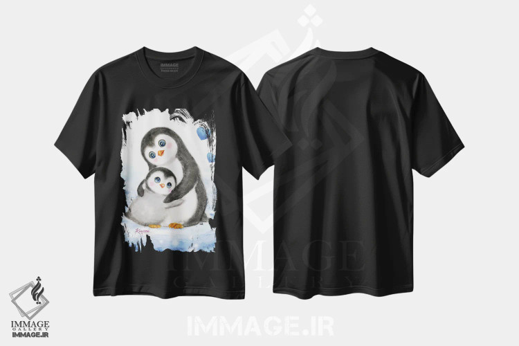 تیشرت مشکی طرح دار آغوش مادر و فرزند پنگوئن، تزئینی اثر کایومی هارای | فروشگاه ایماژ