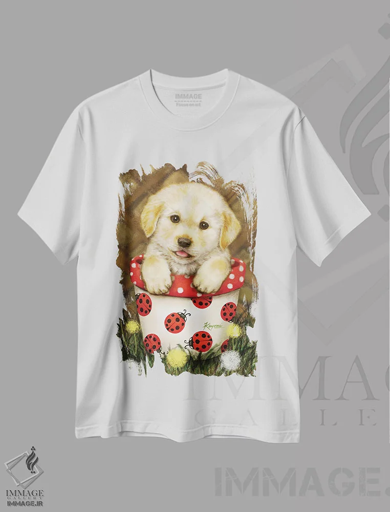 تیشرت سفید طرح دار توله سگ در گلدان، تزئینی اثر کایومی هارای | فروشگاه ایماژ
