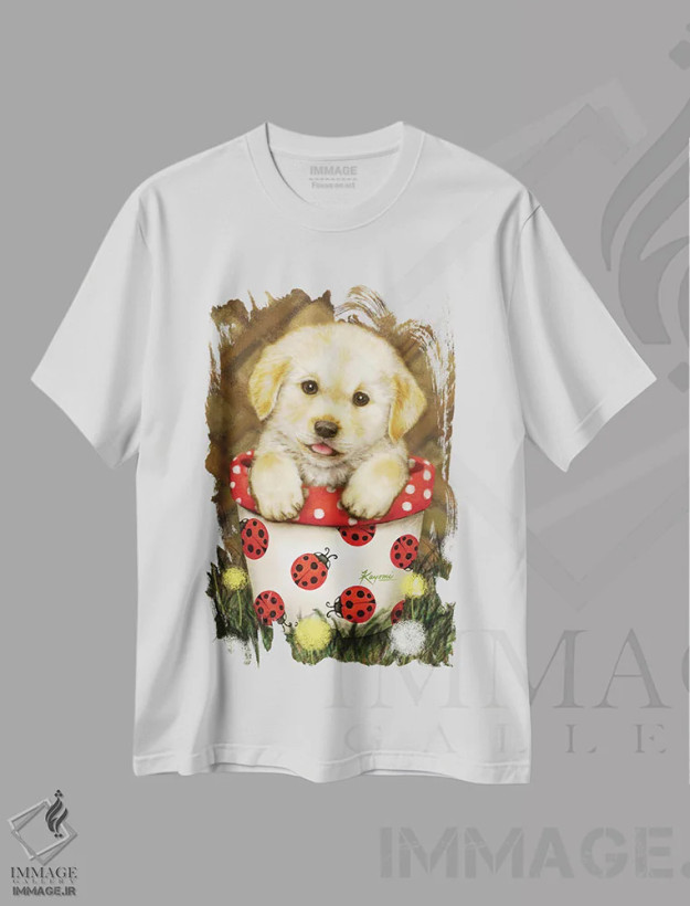 تیشرت سفید طرح دار توله سگ در گلدان، تزئینی اثر کایومی هارای | فروشگاه ایماژ