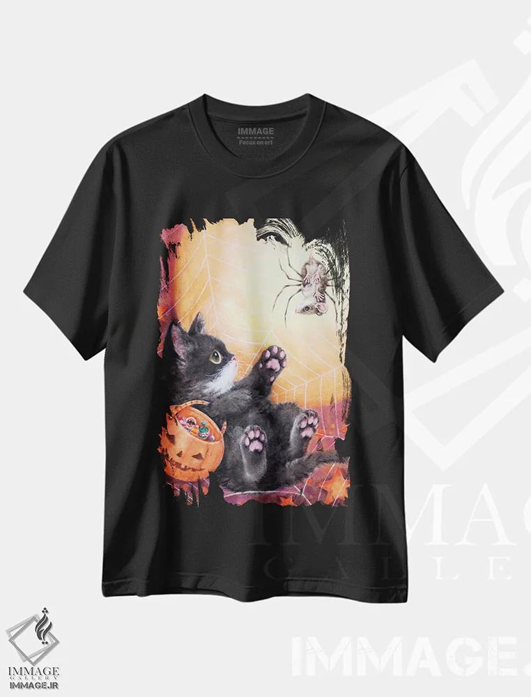 تیشرت مشکی طرح دار عنکبوت ترسناک، تزئینی اثر کایومی هارای | immage.ir