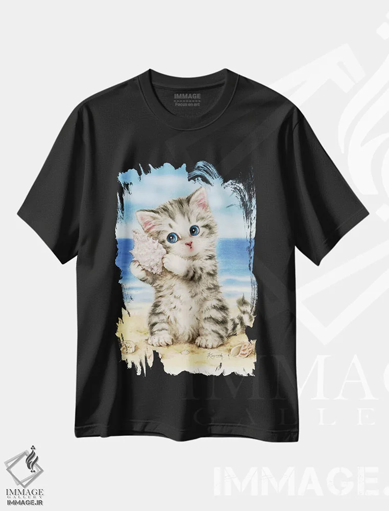 تیشرت مشکی طرح دار صدف دریایی، دکور ساحلی اثر کایومی هارای | فروشگاه ایماژ