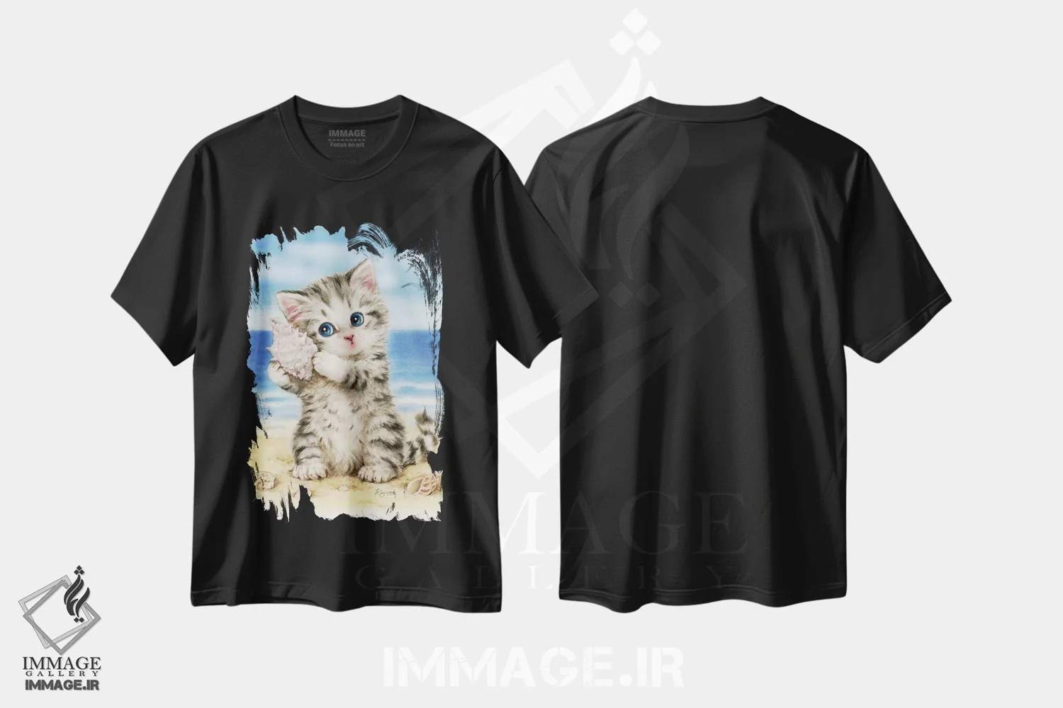 تیشرت مشکی طرح دار صدف دریایی، دکور ساحلی اثر کایومی هارای | فروشگاه ایماژ