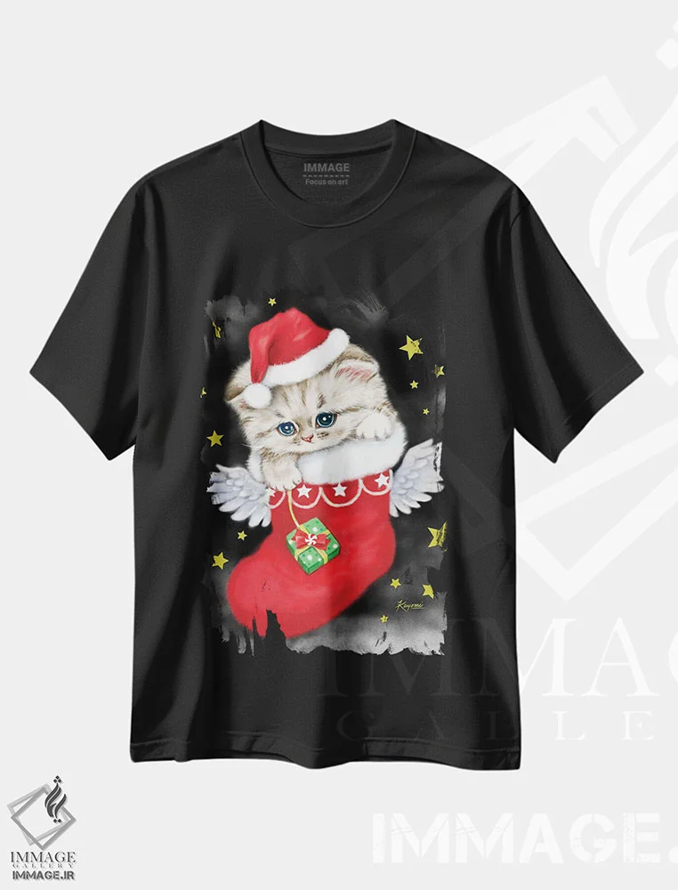 تیشرت مشکی طرح دار فرشته بابانوئل ۱، حیوانات کریسمسی اثر کایومی هارای | فروشگاه ایماژ