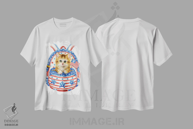 تیشرت سفید طرح دار گربه میهن دوست با کوله پشتی، تزئینی اثر کایومی هارای | فروشگاه ایماژ