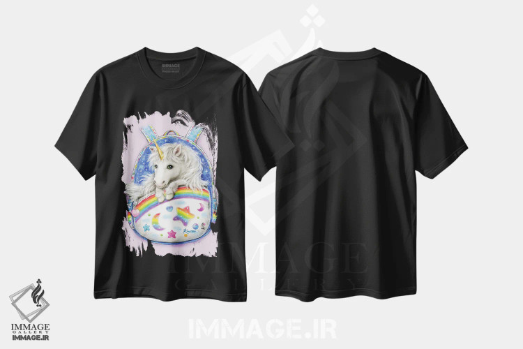تیشرت مشکی طرح دار یونیکورن کوله پشتی دار، تزئینی اثر کایومی هارای | immage.ir