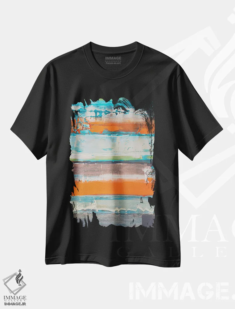 تیشرت مشکی طرح دار نارنجی راه راه جدید است، آبستره اثر کنت یانگستروم | فروشگاه ایماژ