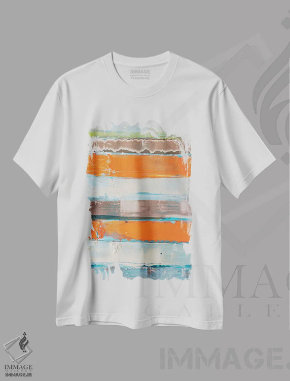 تیشرت سفید طرح دار هم بندی نارنجی راه راه جدید، آبستره اثر کنت یانگستروم | فروشگاه ایماژ