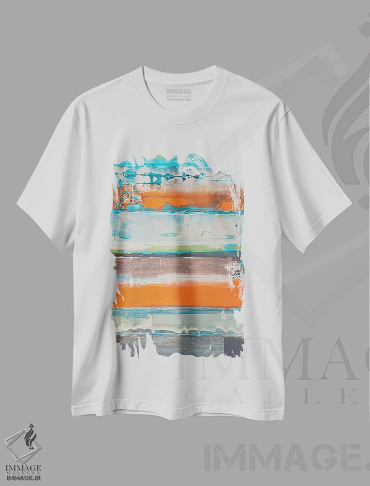 تیشرت سفید طرح دار نارنجی راه راه جدید است، آبستره اثر کنت یانگستروم | immage.ir