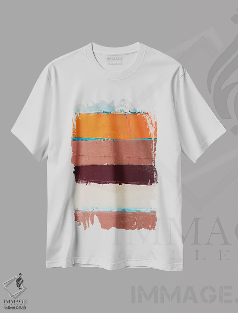 تیشرت سفید طرح دار نارنجی راه راه جدید I، آبستره اثر کنت یانگستروم | فروشگاه ایماژ