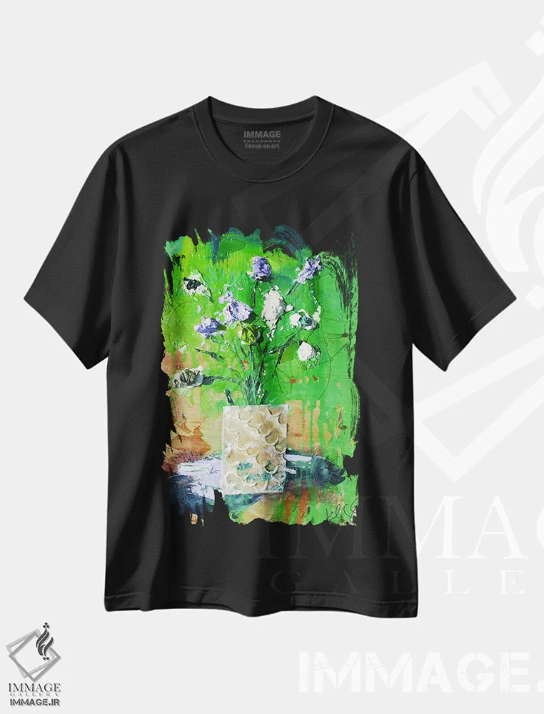 تیشرت مشکی طرح دار گل های کم نور، آبستره اثر کنت یانگستروم | immage.ir