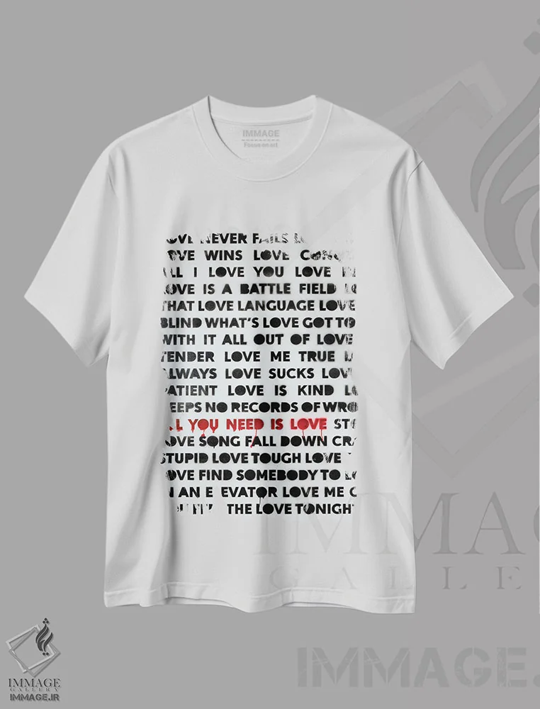 تیشرت سفید طرح دار تنها چیزی که نیاز داری عشق است، هنر فاخر معاصر اثر کنت یانگستروم | فروشگاه ایماژ