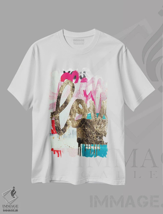 تیشرت سفید طرح دار عشق با برگ طلا، هنر فاخر معاصر اثر کنت یانگستروم | فروشگاه ایماژ