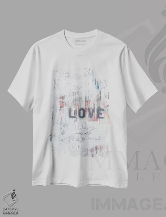 تیشرت سفید طرح دار عشق درد دارد... بد است؟ هرگز شکست نمی خورد، آبستره اثر کنت یانگستروم | فروشگاه ایماژ